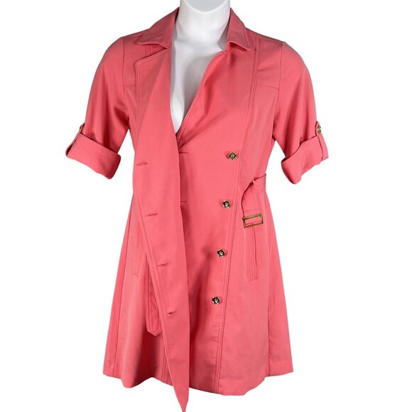 Sharagano 10 Coral Double Breasted Shirt Dress Pockets Belt Tab Sleeves Office - Picture 4 of 16